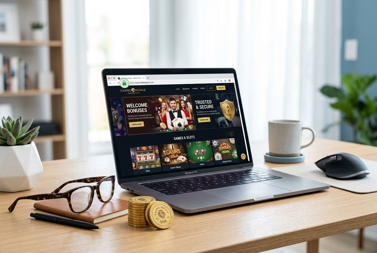 A professional desk setup featuring a laptop with a secure casino website and regulatory symbols.