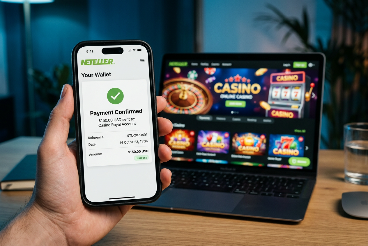 Μια ασφαλής συναλλαγή Neteller σε smartphone με φόντο ένα online καζίνο.