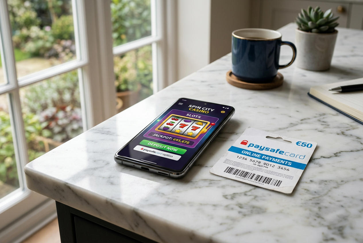 A modern smartphone displaying a casino interface next to a physical Paysafecard voucher.