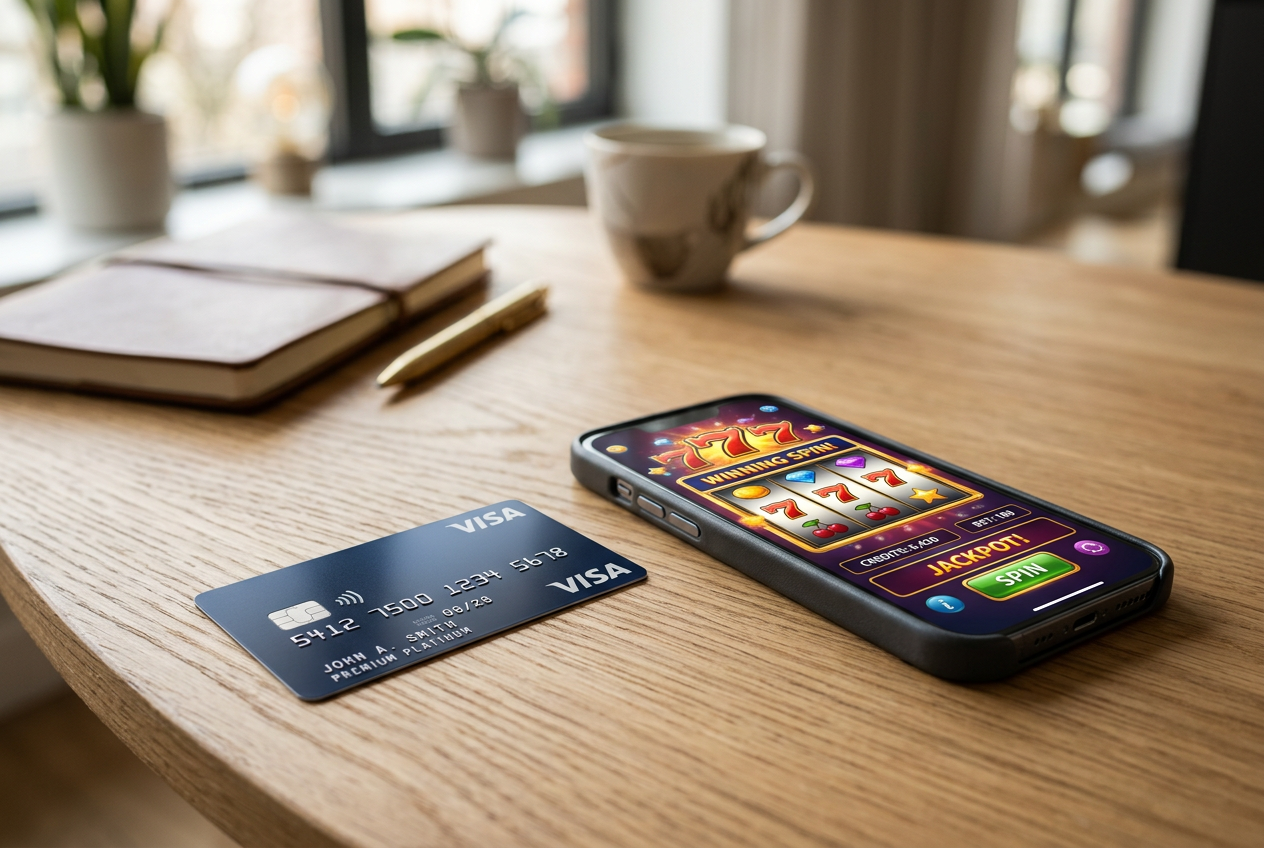 Μια κάρτα Visa δίπλα σε ένα smartphone που δείχνει παιχνίδια καζίνο