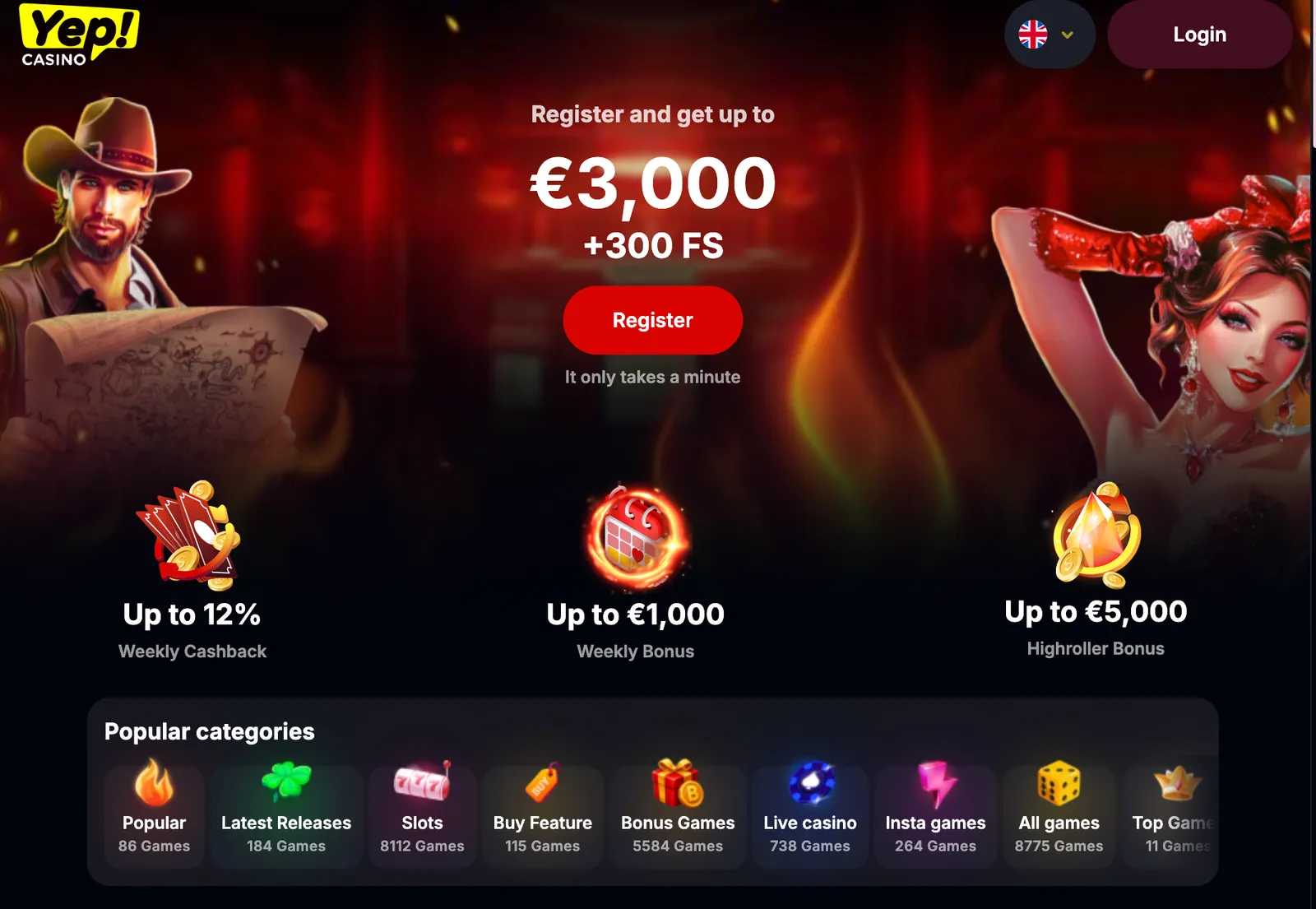 Η αρχική σελίδα του Yep Casino με το βασικό μενού και κατηγορίες παιχνιδιών